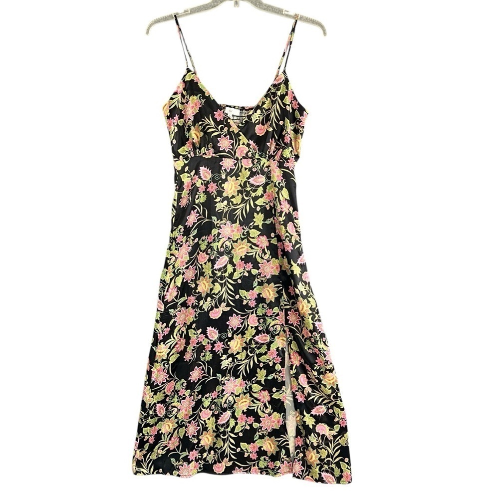 NSR Maxi Dress Satin Polyester Floral Black Pink Green Side Slit Size Small - Picture 2 of 12
